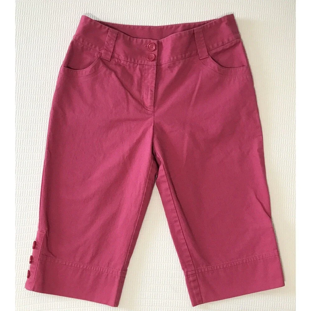 Rafaella Womens Shorts 10 Hot Pink Long Bermuda Capri 100% Cotton Button Hem